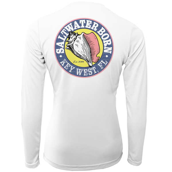 White long-sleeve shirt with a colorful graphic and text on a white background