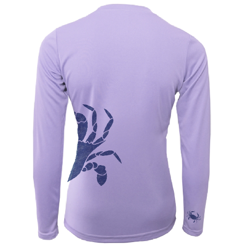 Purple long-sleeve shirt with a blue graphic on the back against a white background