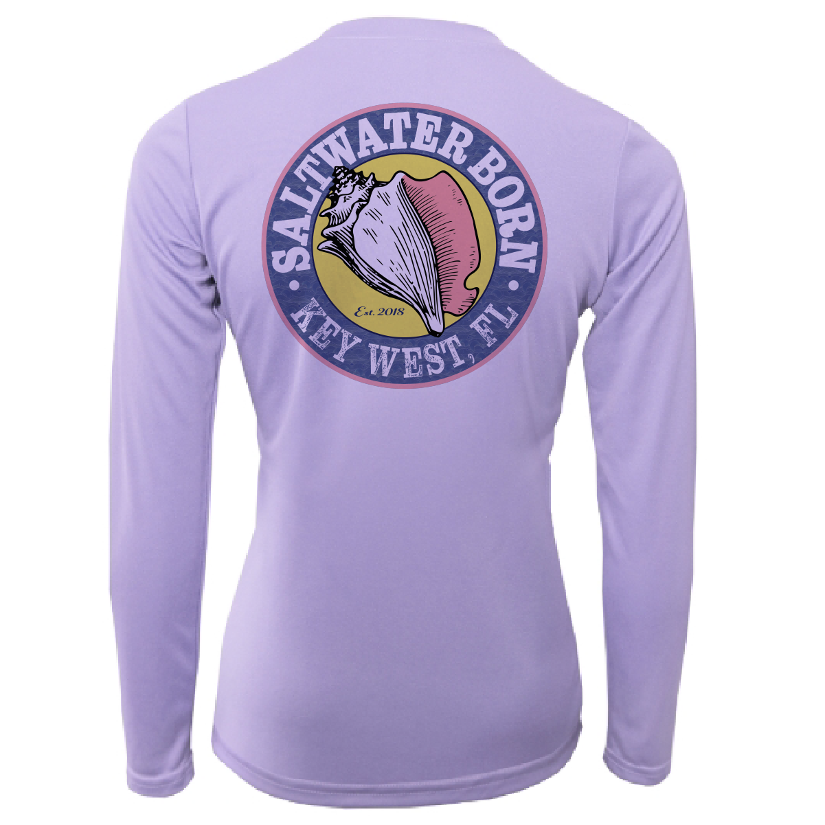 Purple long-sleeve shirt with 'Saltwater Born Key West, FL' logo on a white background