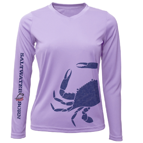 Purple long-sleeve shirt with a crab design and 'Saltwater Born' text on a white background