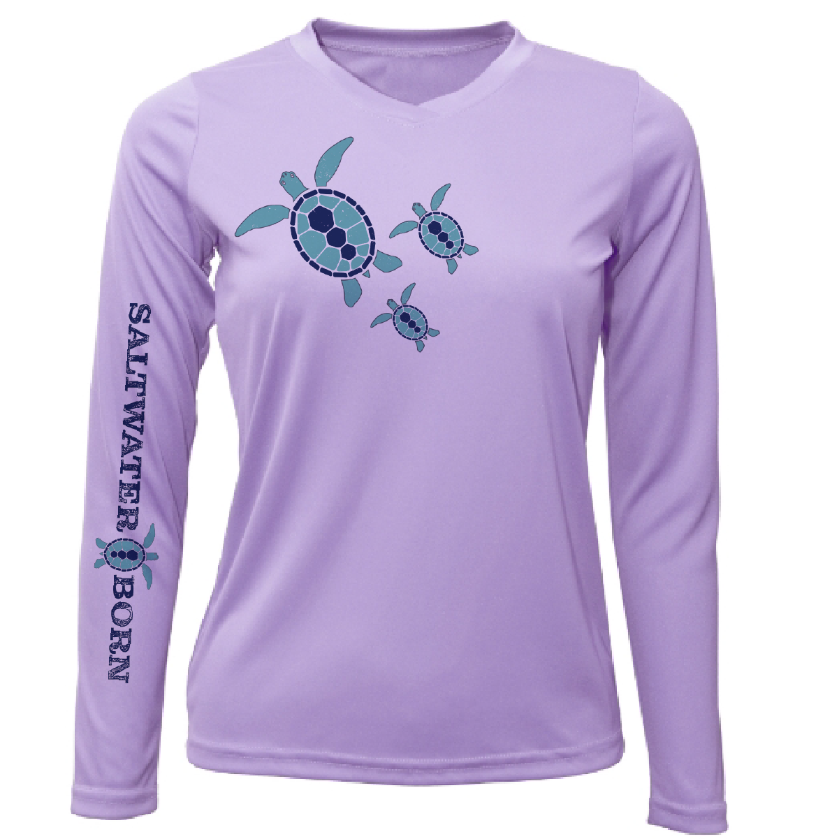 Purple long-sleeve shirt with turtle design and 'Saltwater Born' text on a white background