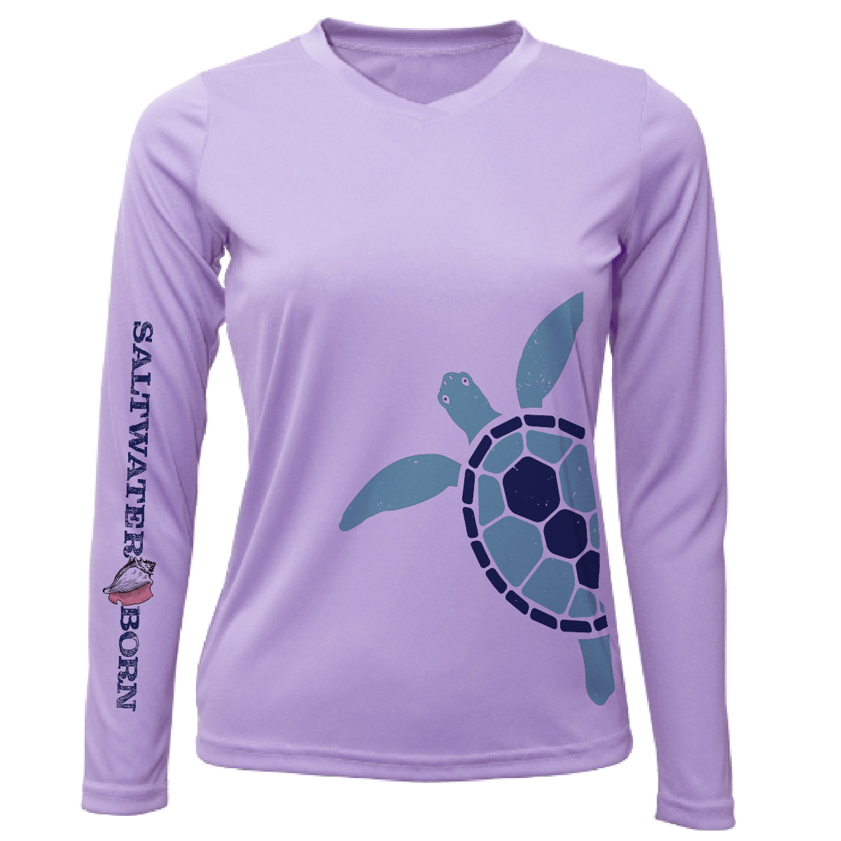 Purple long-sleeve shirt with a turtle graphic and 'Saltwater Born' text on a white background