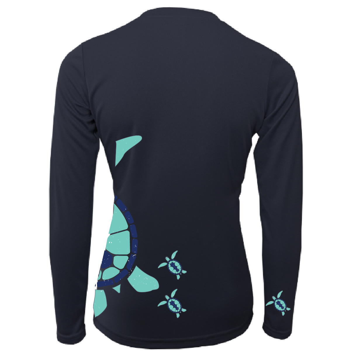 Black long-sleeve shirt with blue turtle design on a white background