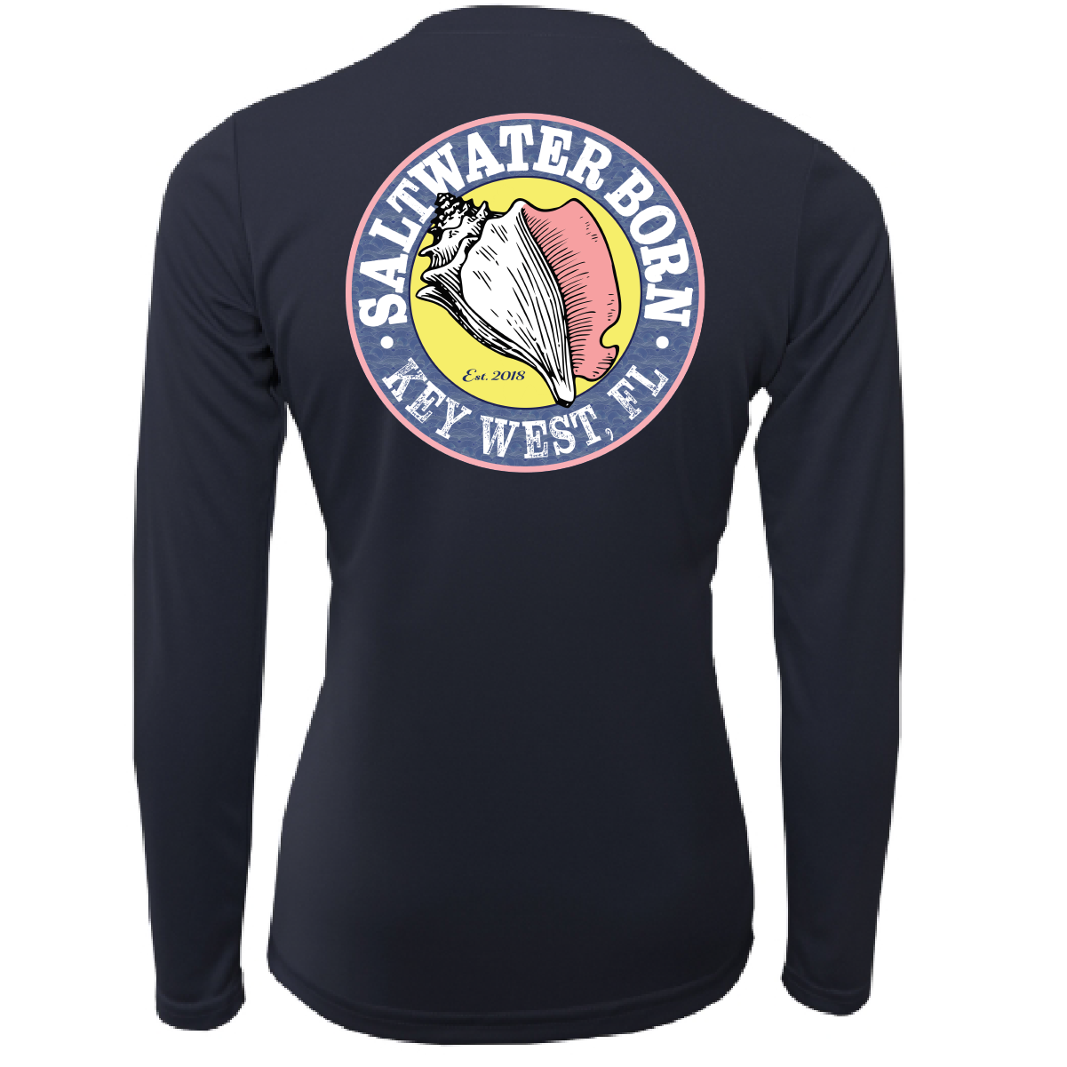 Black long-sleeve shirt with 'Saltwater Born Key West, FL' graphic on the back