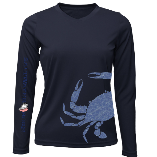 Navy long-sleeve shirt with blue crab design on a white background