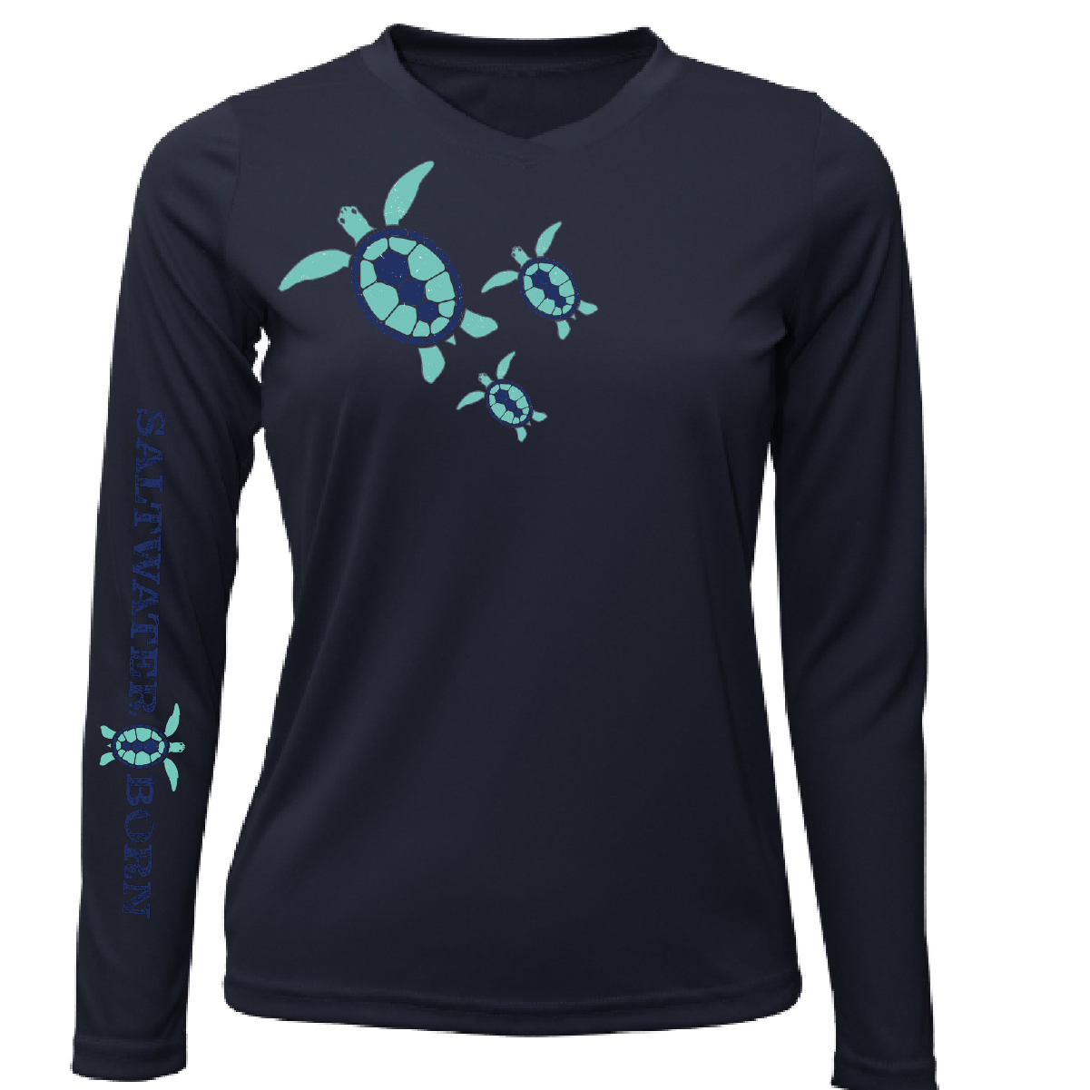 Navy long-sleeve shirt with teal turtle design on a white background