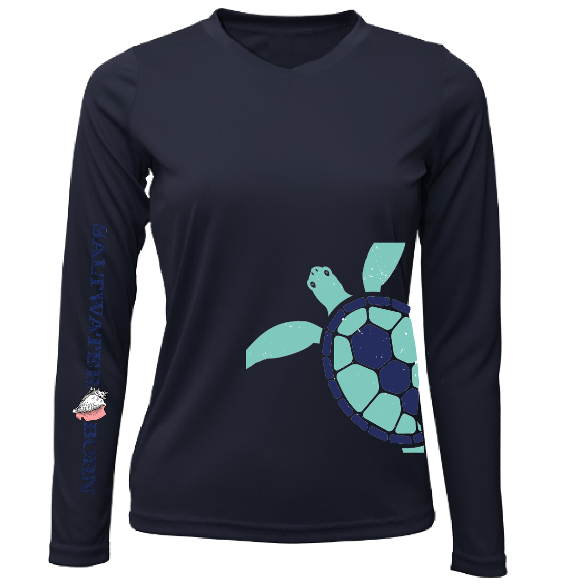 Navy long-sleeve shirt with a green turtle design on a white background