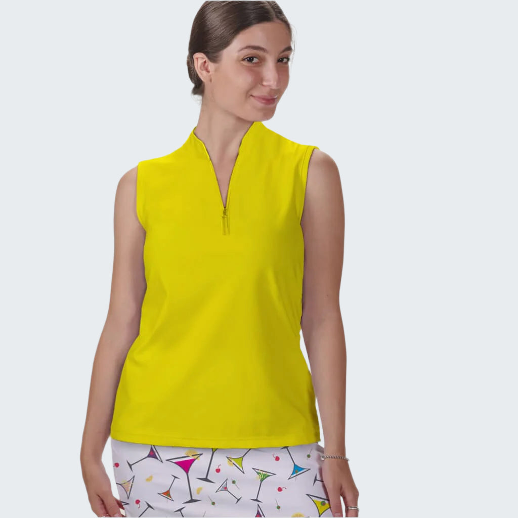 Woman wearing a yellow sleeveless top with a white background