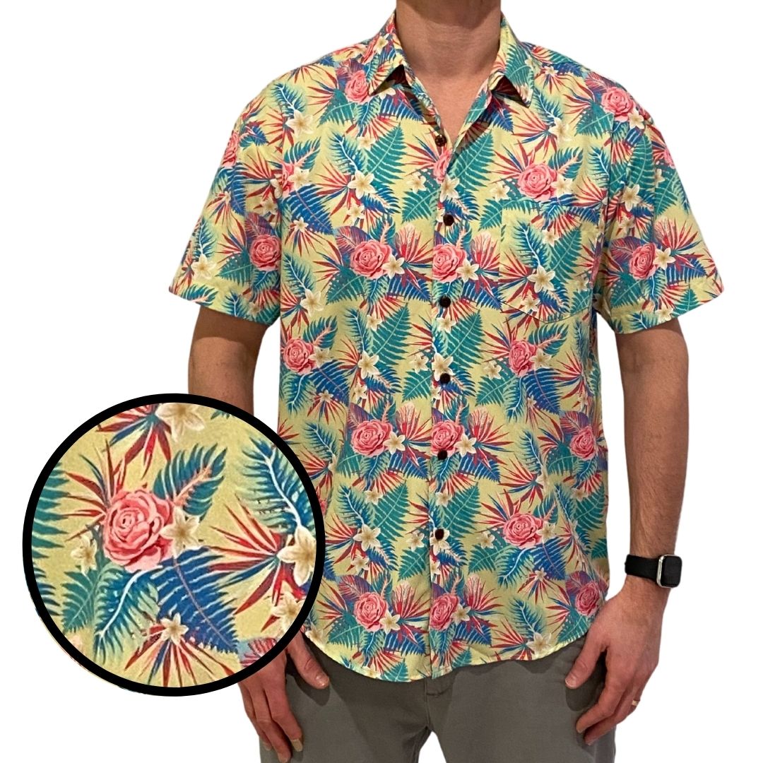 Man wearing a colorful floral shirt with a close-up of the pattern on a white background