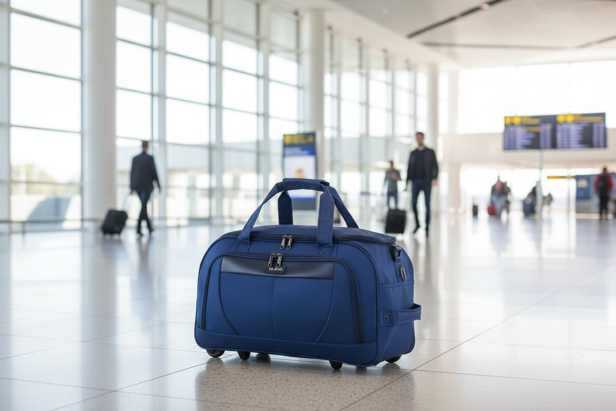 Blue suitcase with wheels and handle on a white background