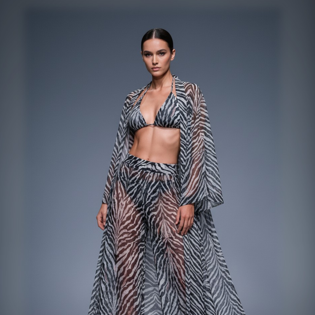 Model wearing a zebra print outfit on a gray background