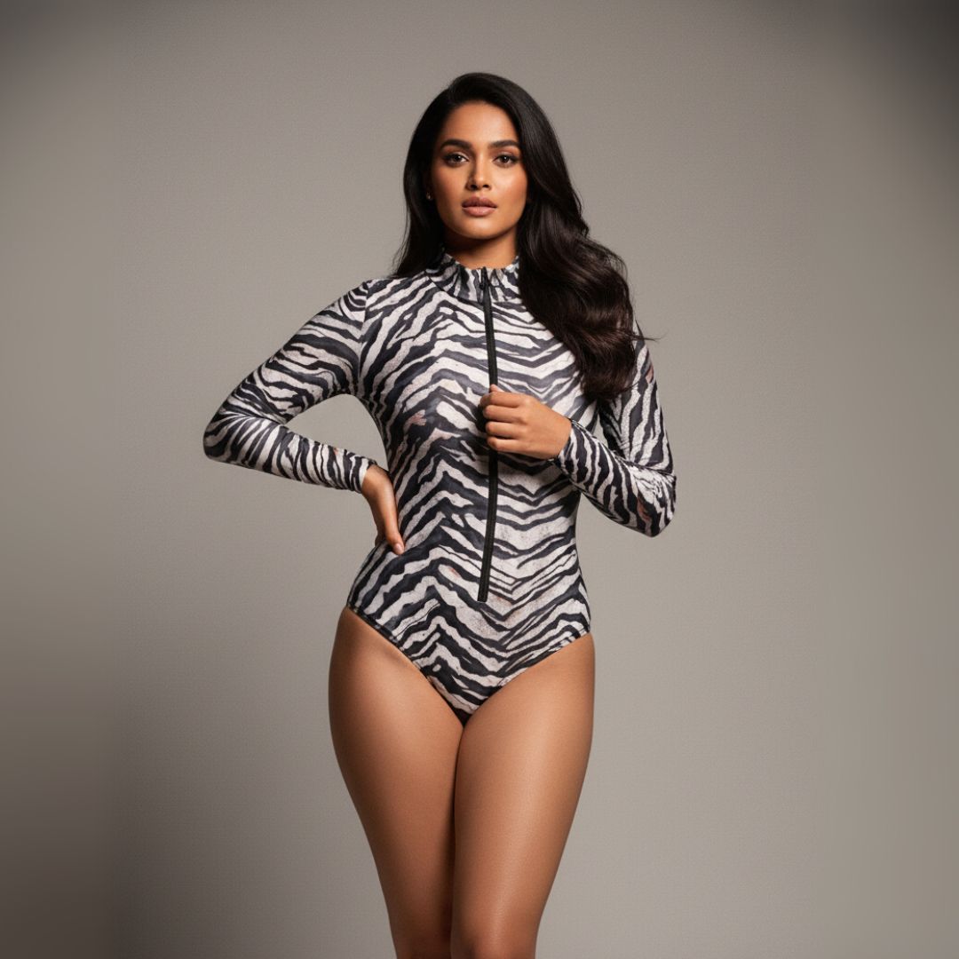 Woman wearing a zebra print long-sleeve bodysuit against a gray background