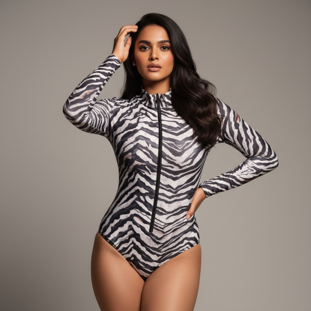 Woman wearing a zebra print swimsuit against a neutral background