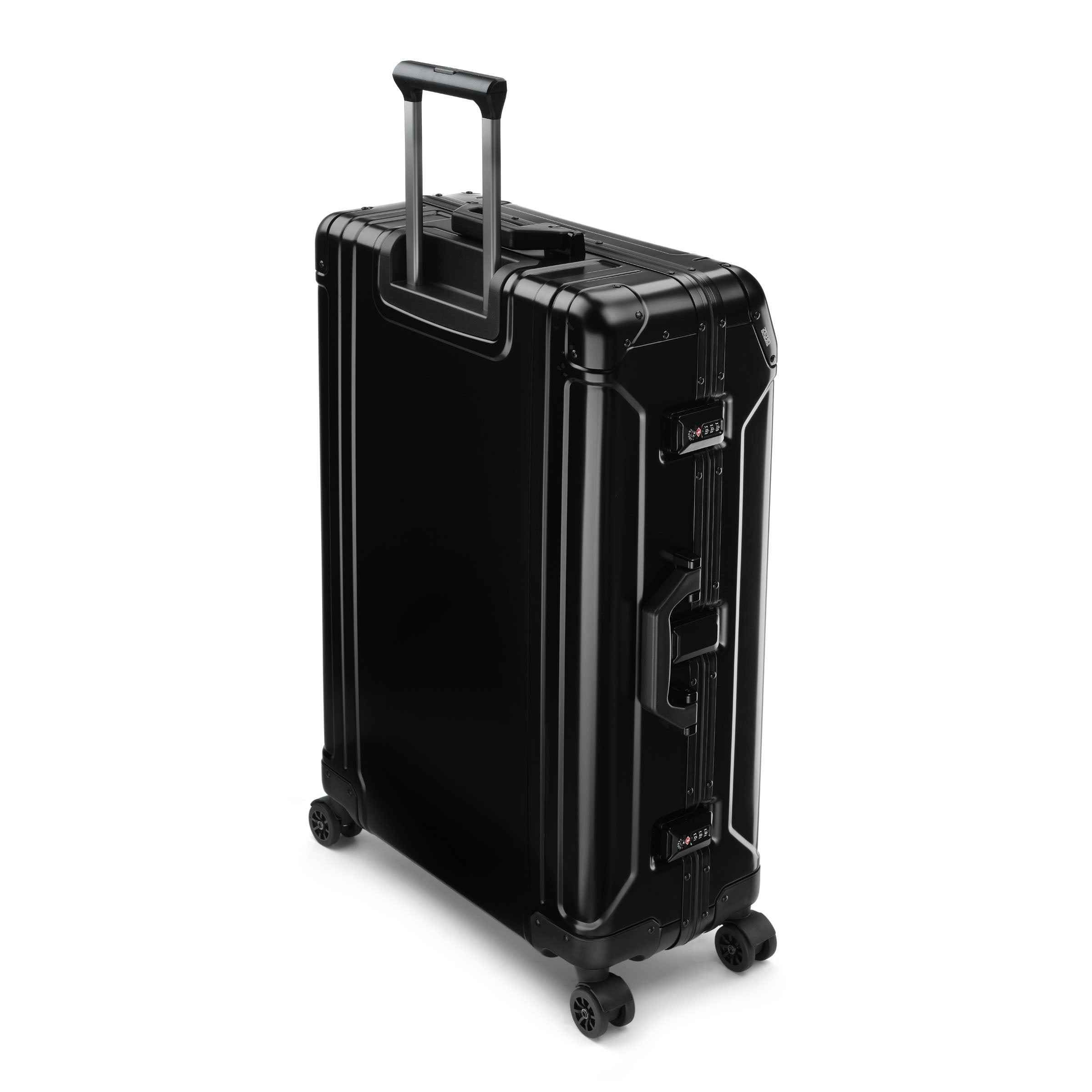 Black suitcase with wheels on a white background
