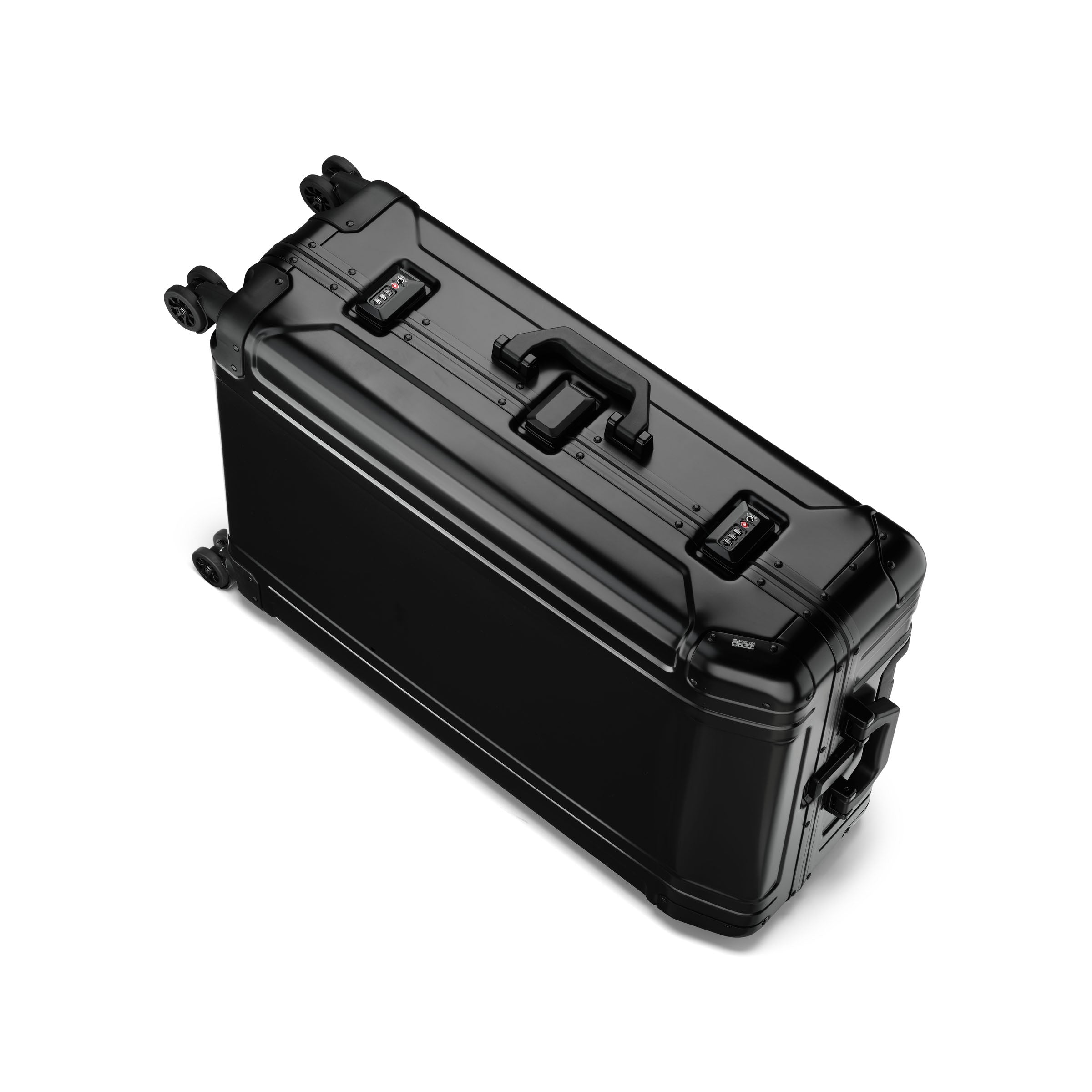 Black suitcase with wheels on a white background