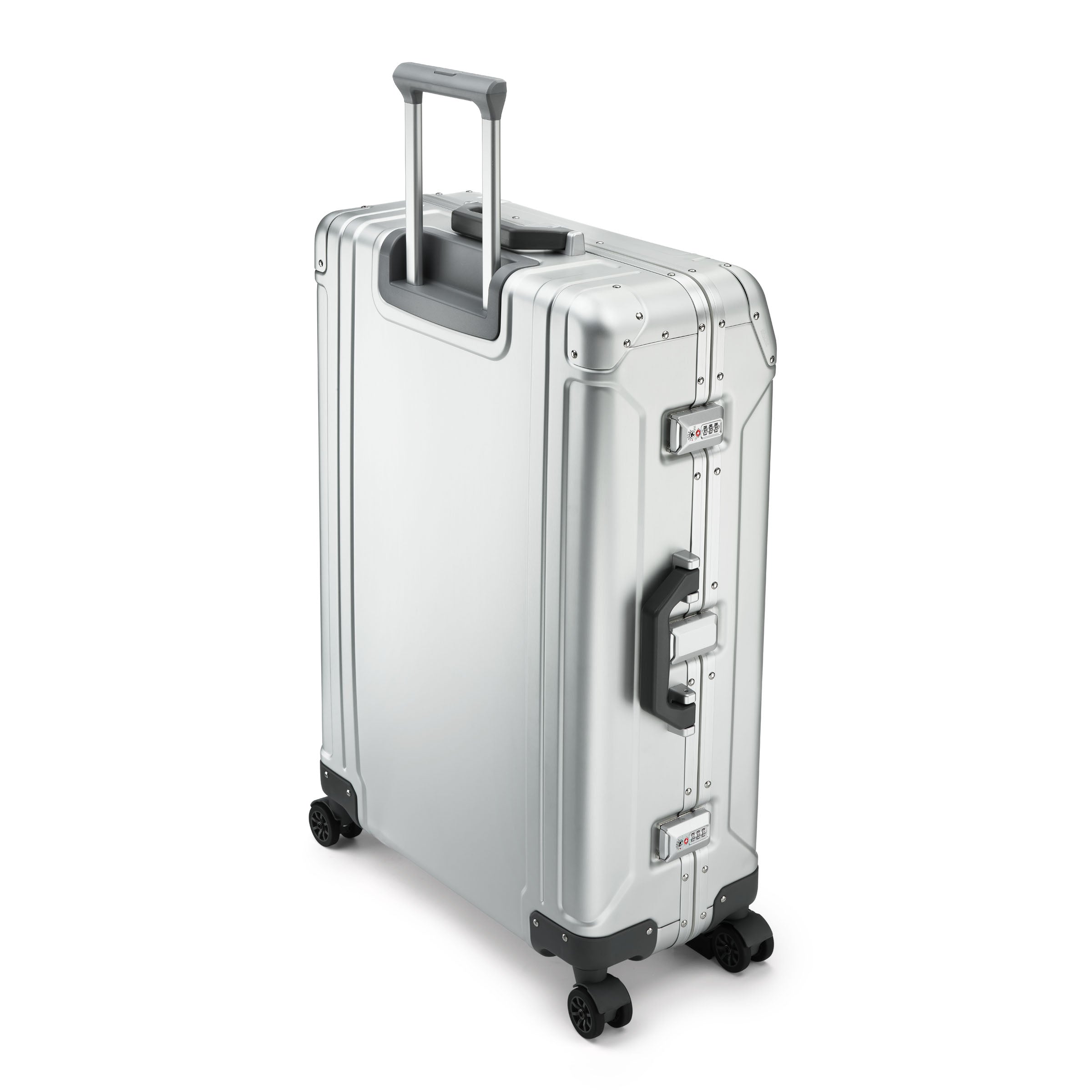 Silver suitcase with wheels and handle on a white background