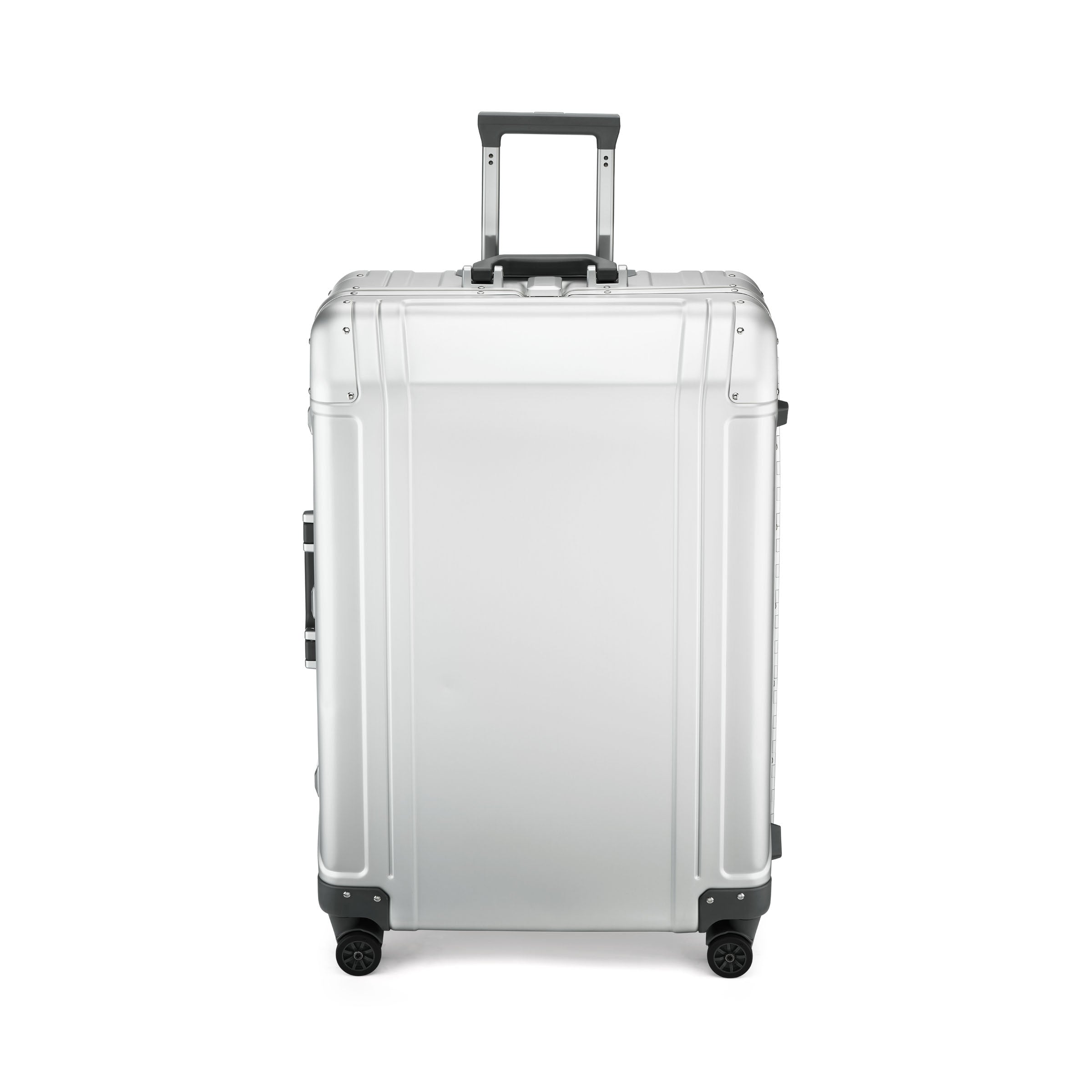 Silver suitcase with wheels on a white background