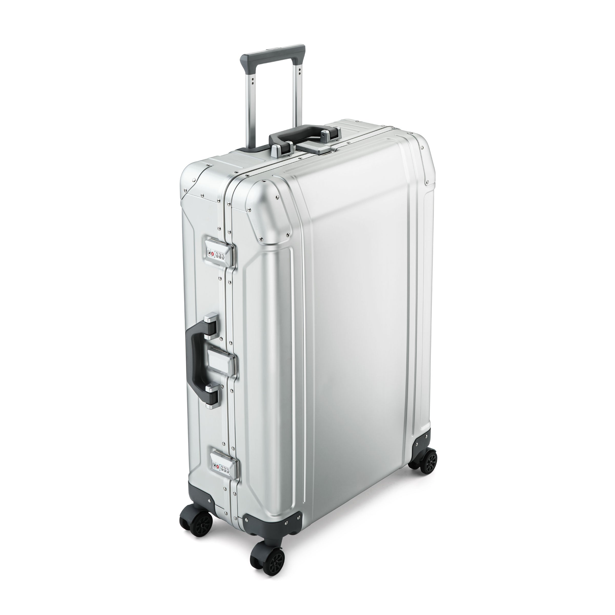 Silver suitcase with wheels and handle on a white background