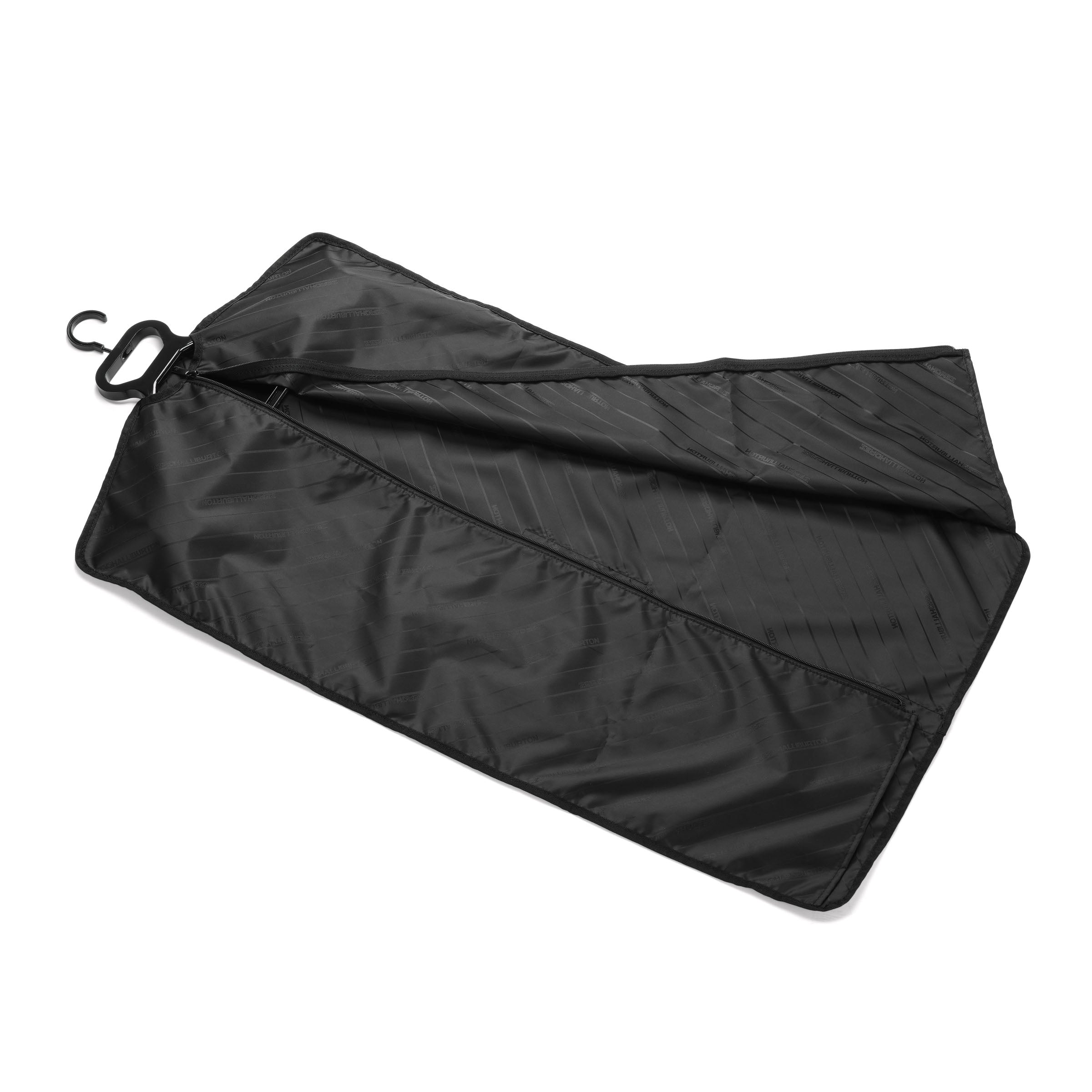 Black folded blanket with a hook on a white background