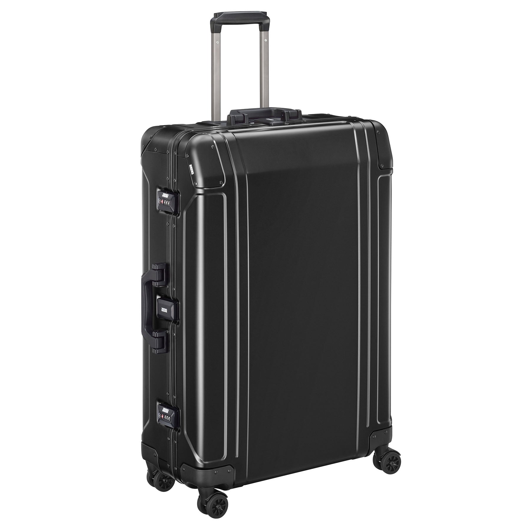 Black suitcase with wheels and handle on a white background