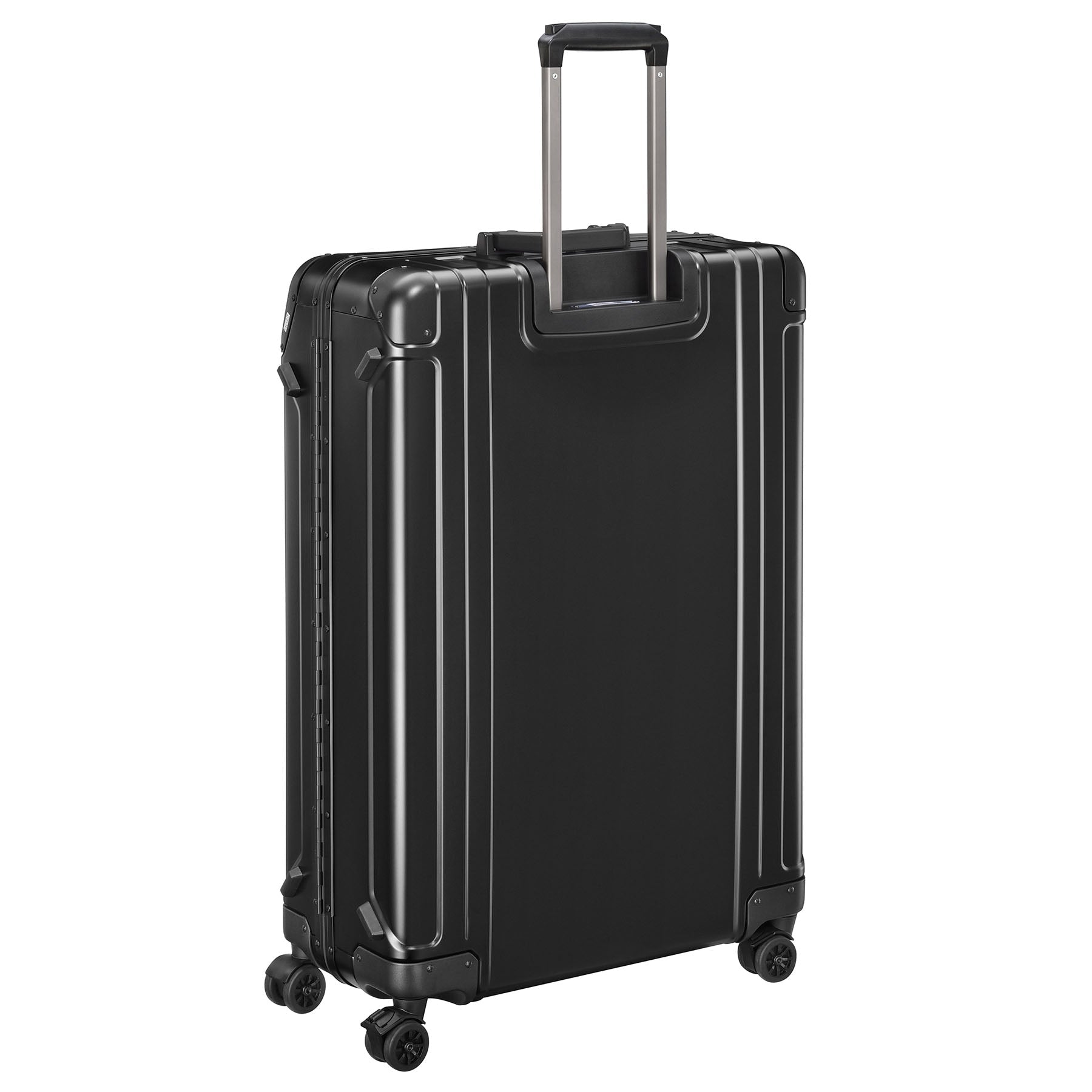 Black suitcase with wheels on a white background