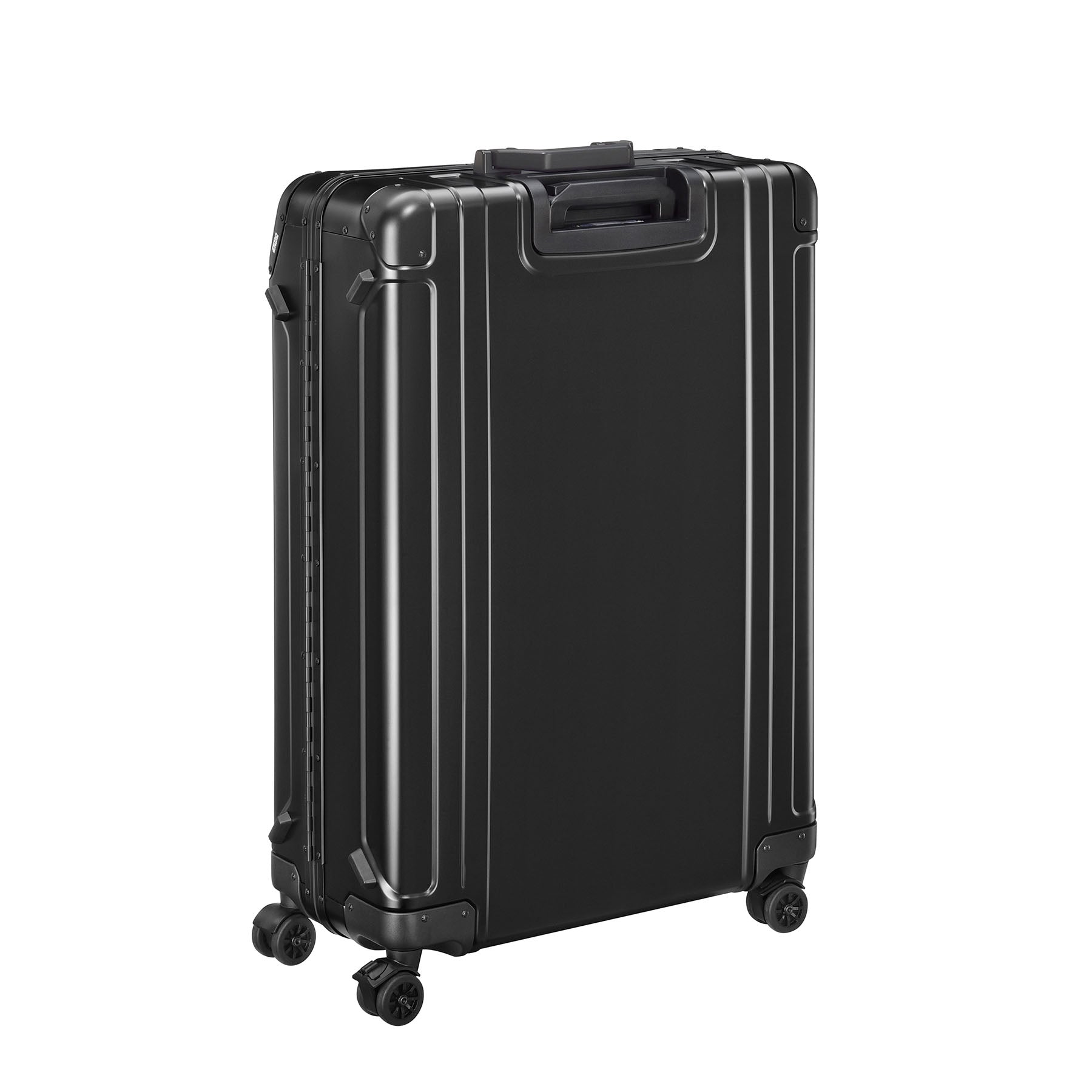 Black suitcase with wheels on a white background