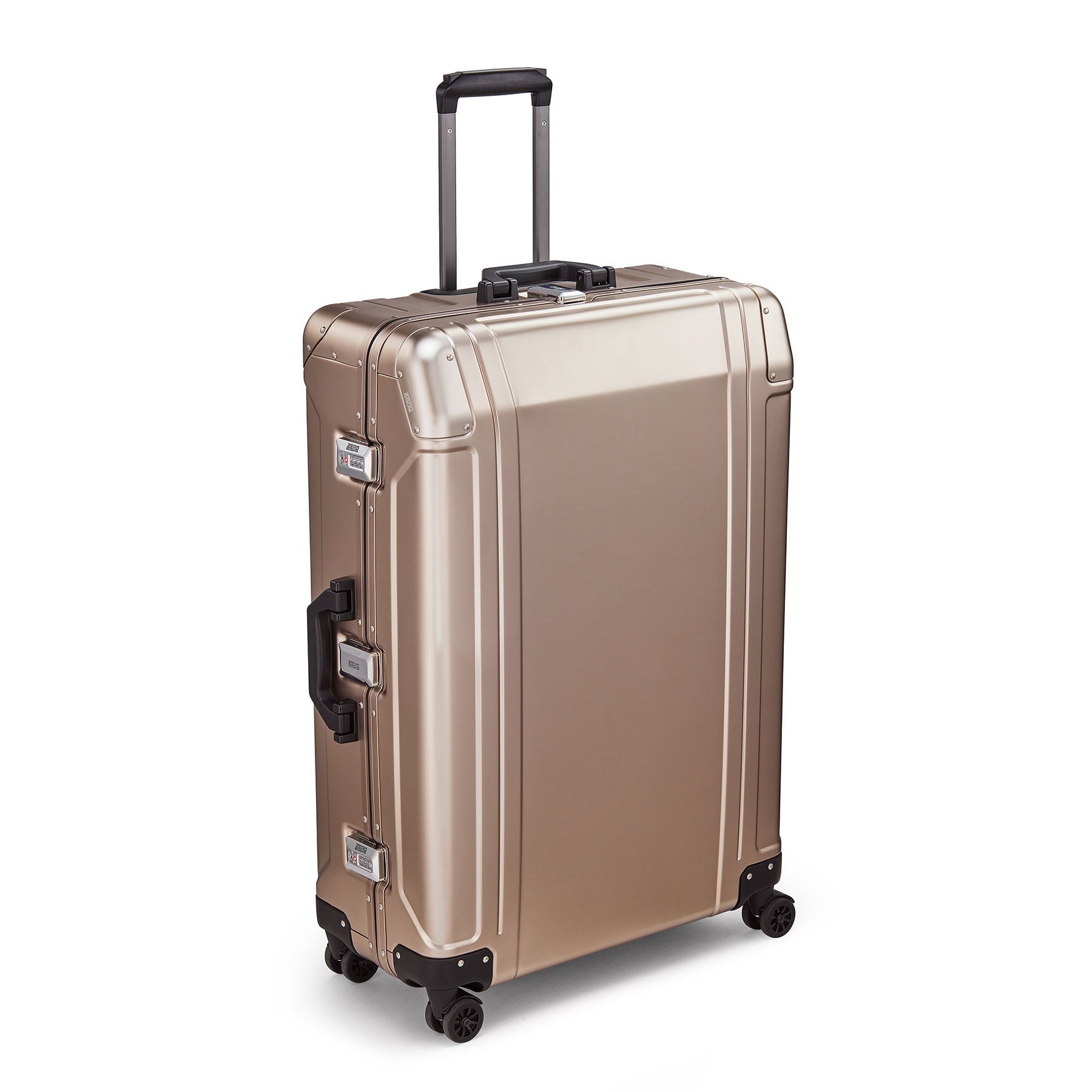 Gold suitcase with wheels and a handle on a white background