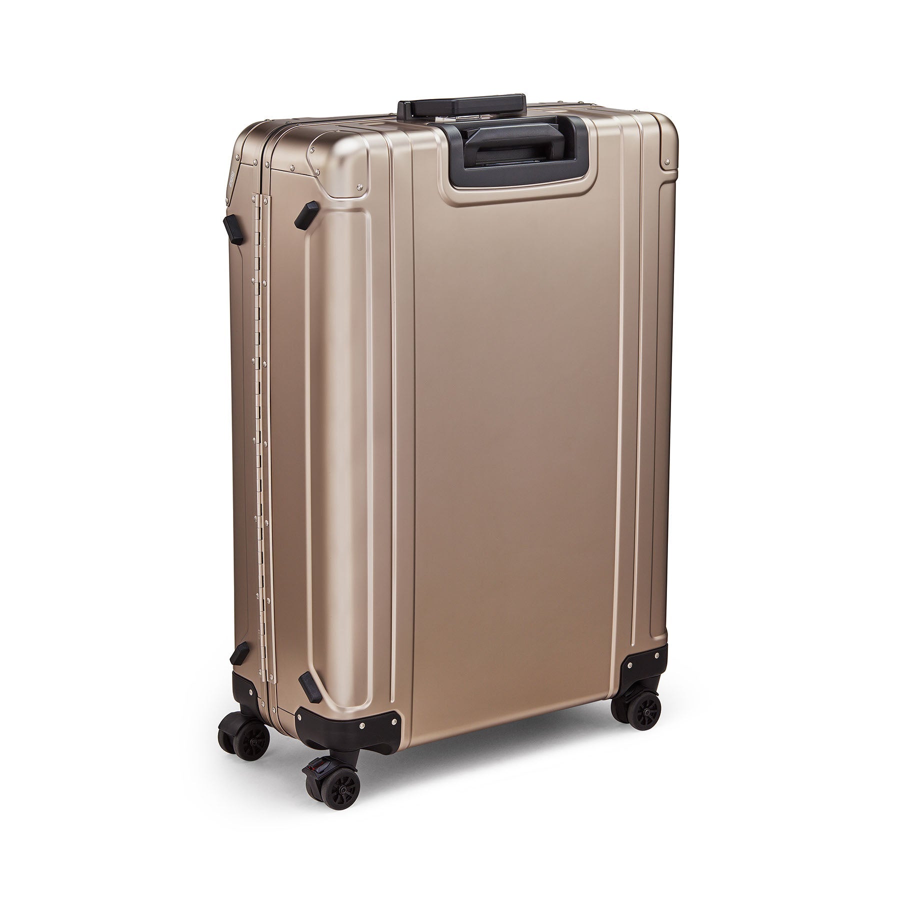 Gold suitcase with black wheels and handle on a white background
