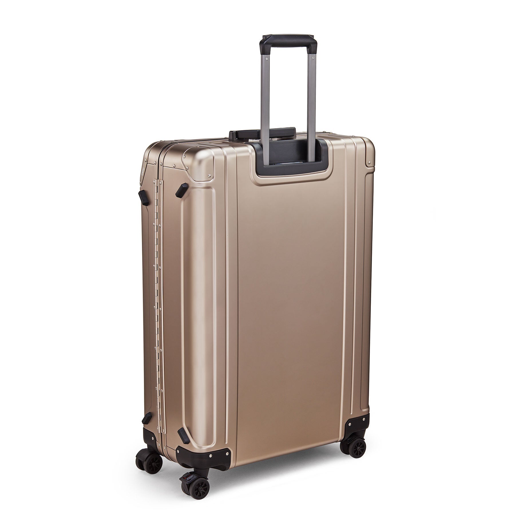 Gold suitcase with black wheels and handle on a white background