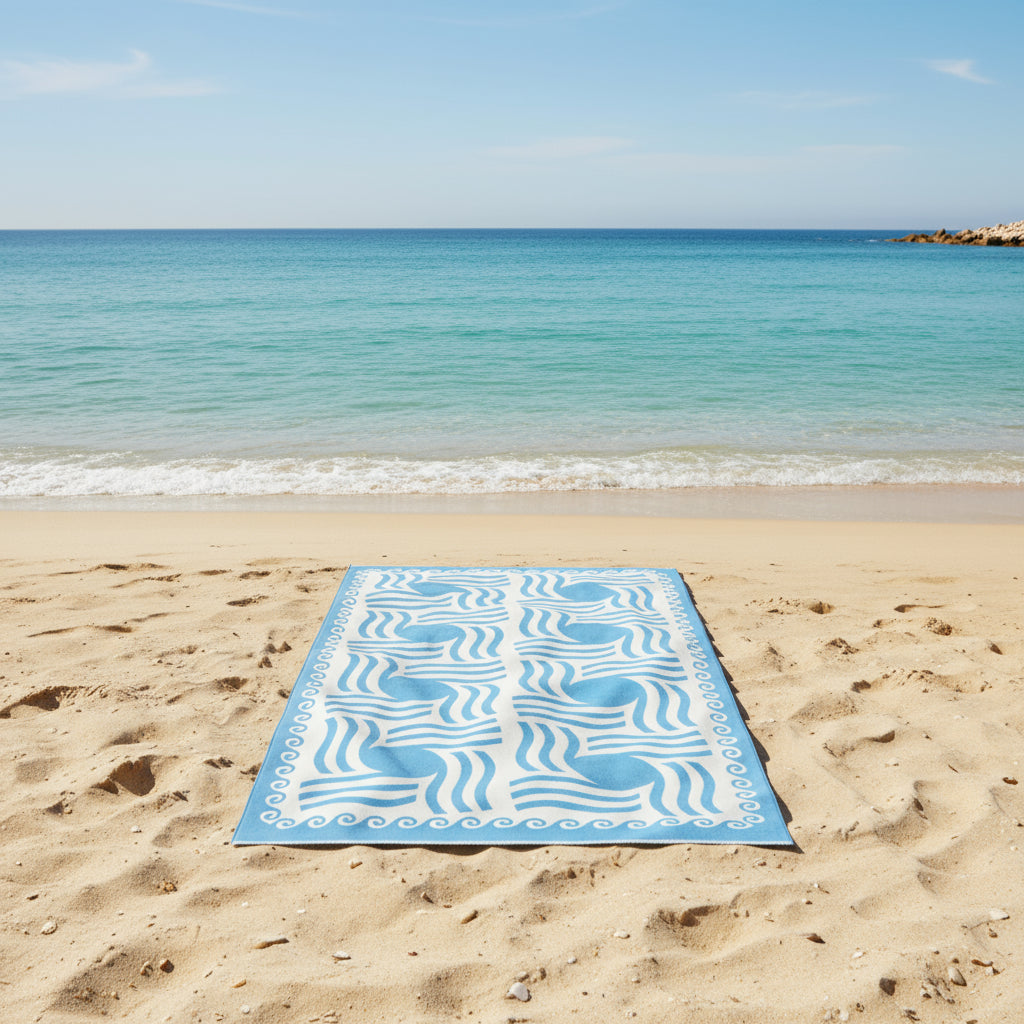 Blue and white patterned towel on a white background