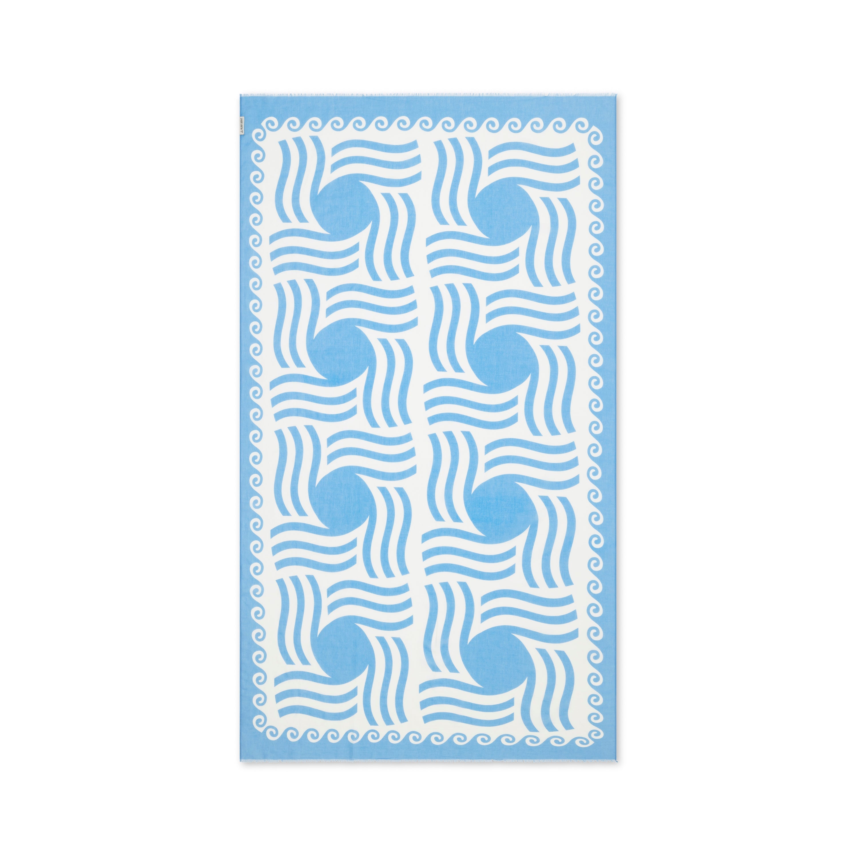 Blue and white patterned towel on a white background