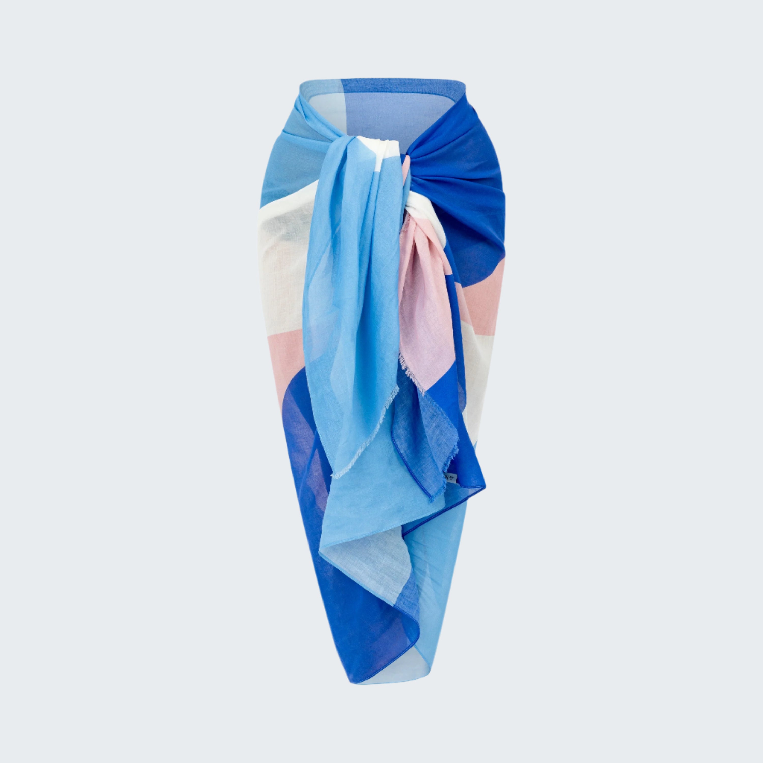 Colorful scarf with blue and pink patterns on a white background