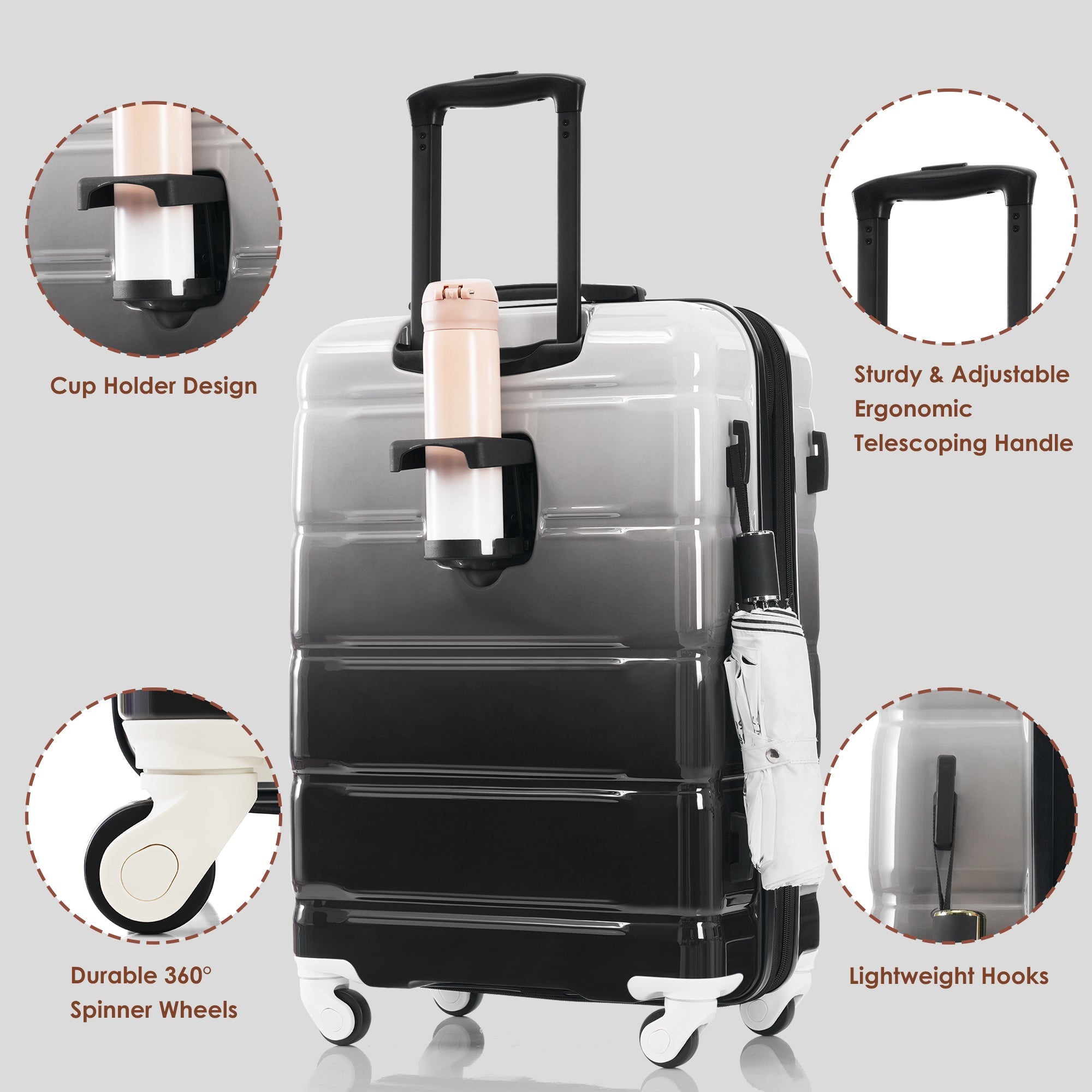 Black Airline Certified Carry-on Luggage with Cup Holder with Hard Shell Luggage with Spinner