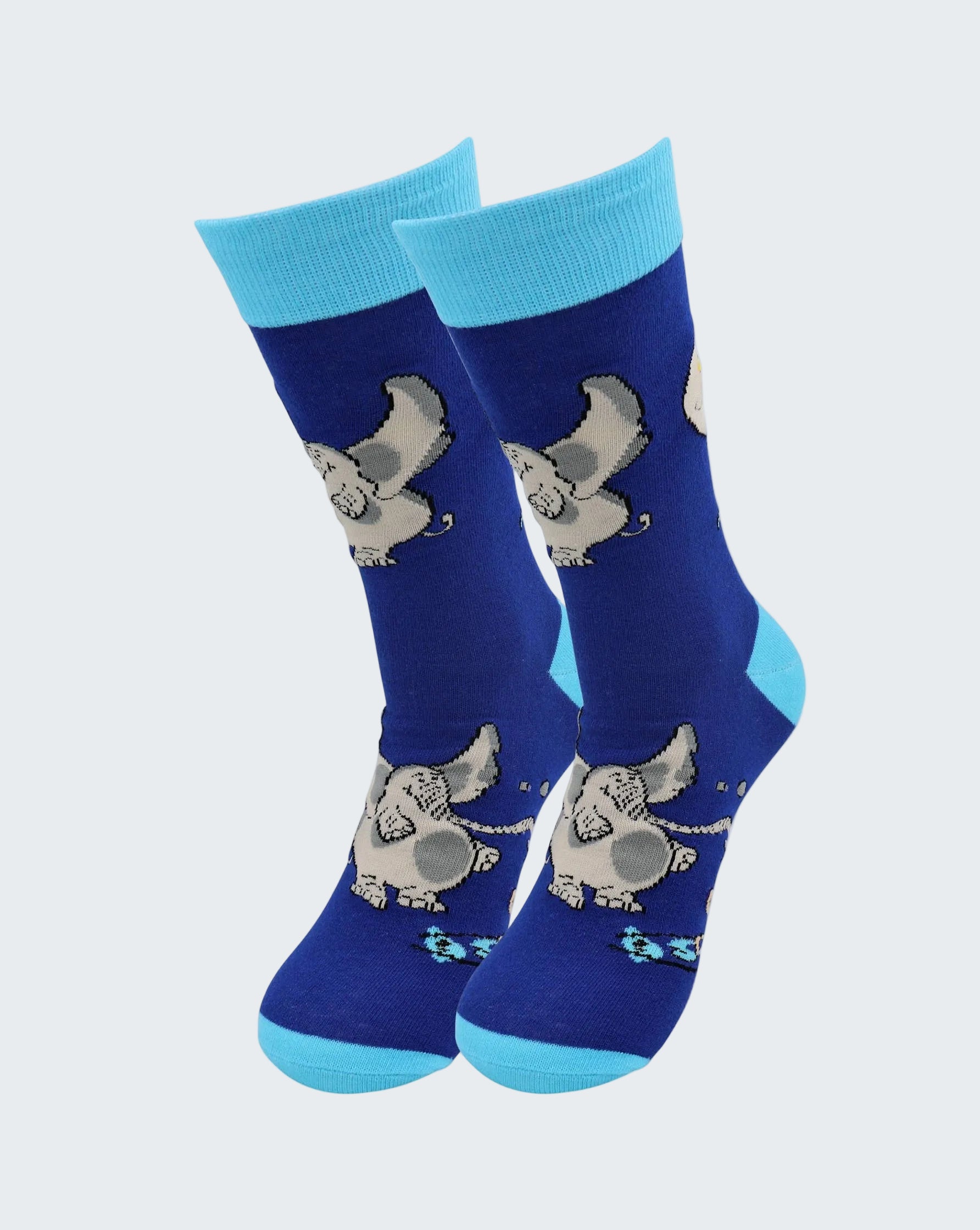 Pair of blue socks with elephant design on a white background