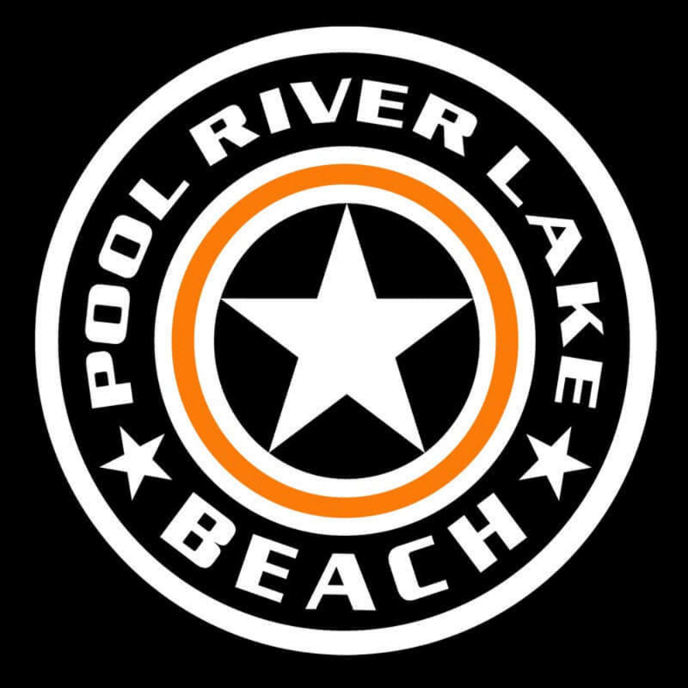 Circular logo with 'Pool River Lake Beach' text and a star design on a black background