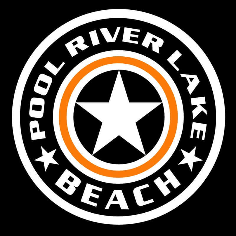 Circular logo with 'Pool River Lake Beach' text and a star design on a black background