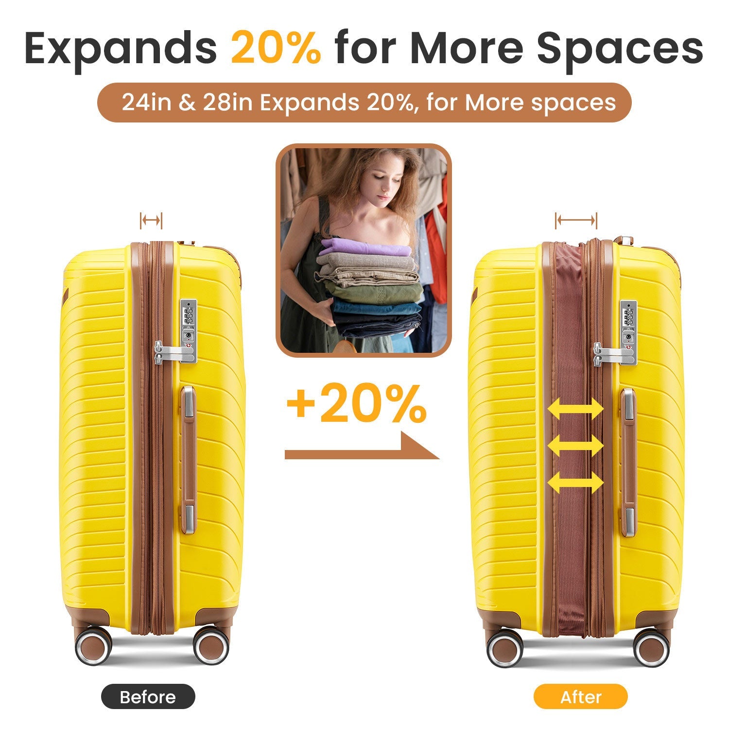 Four Piece Yellow Expandable Lightweight Suitcase with Four Double 360 Degrees Mute Spinner Wheels