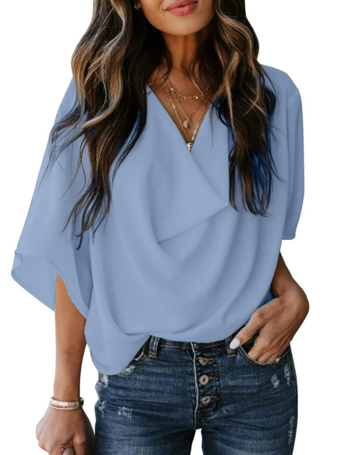 Full Size Ruched Three-Quarter Sleeve Blouse