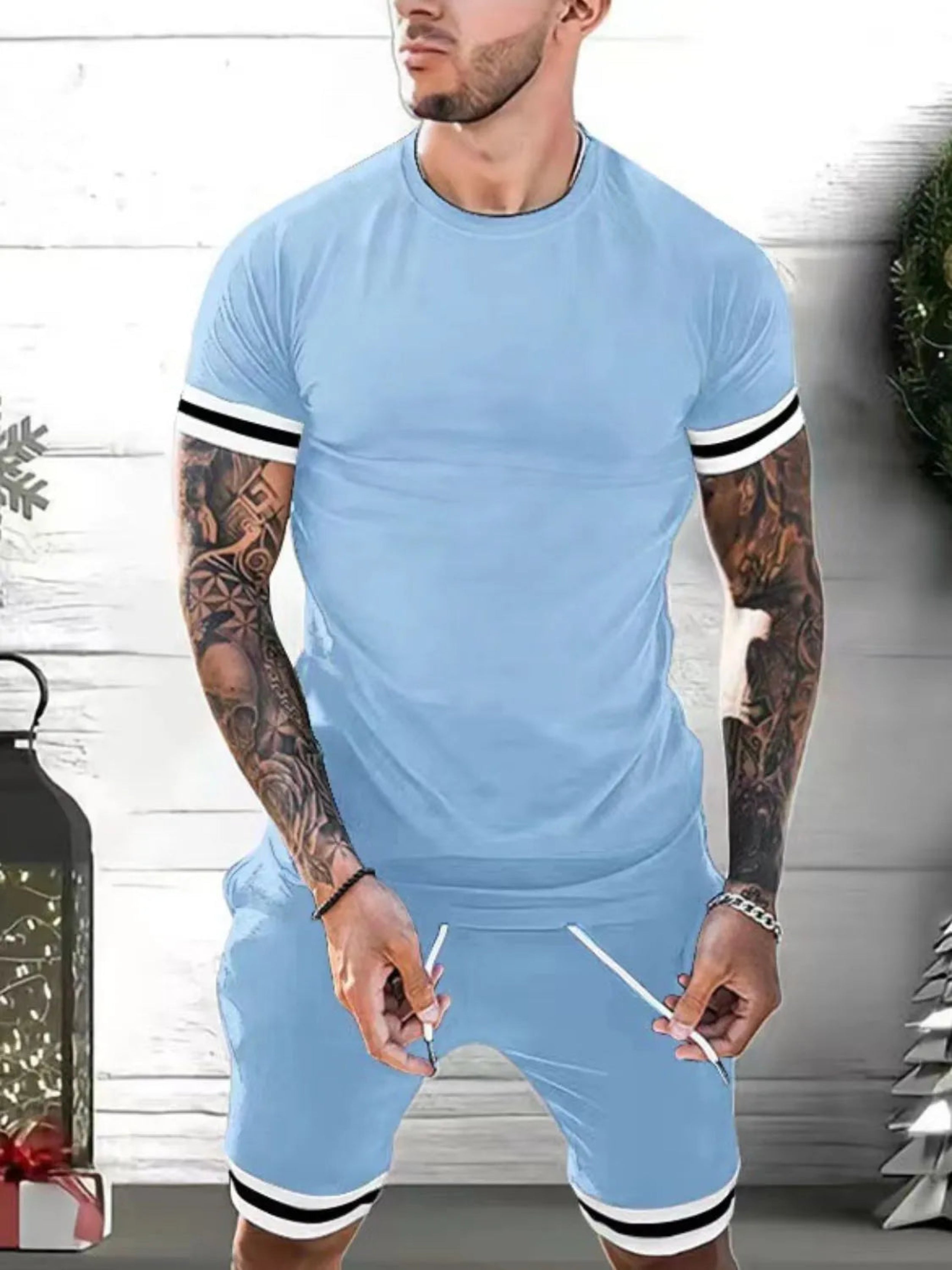 Men's Round Neck Short Sleeve Top and Shorts Set