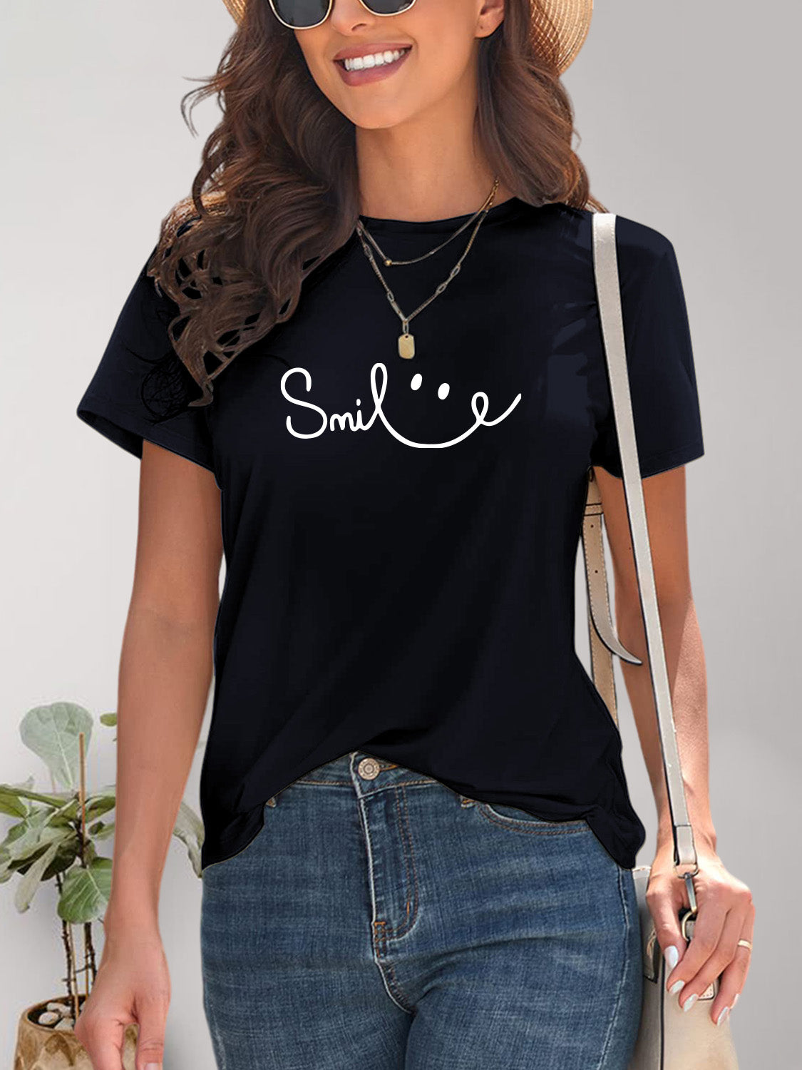 Smile Round Neck Short Sleeve T-Shirt