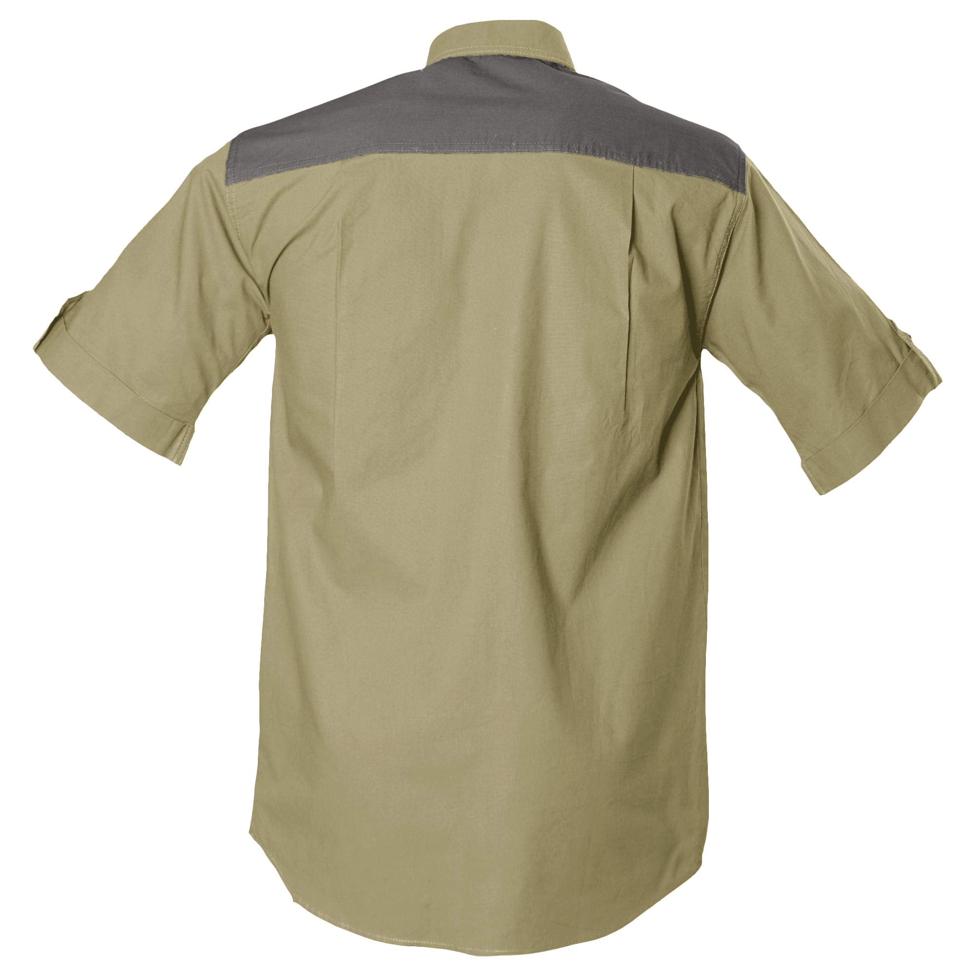 Beige short-sleeve shirt with gray shoulder panels on a white background