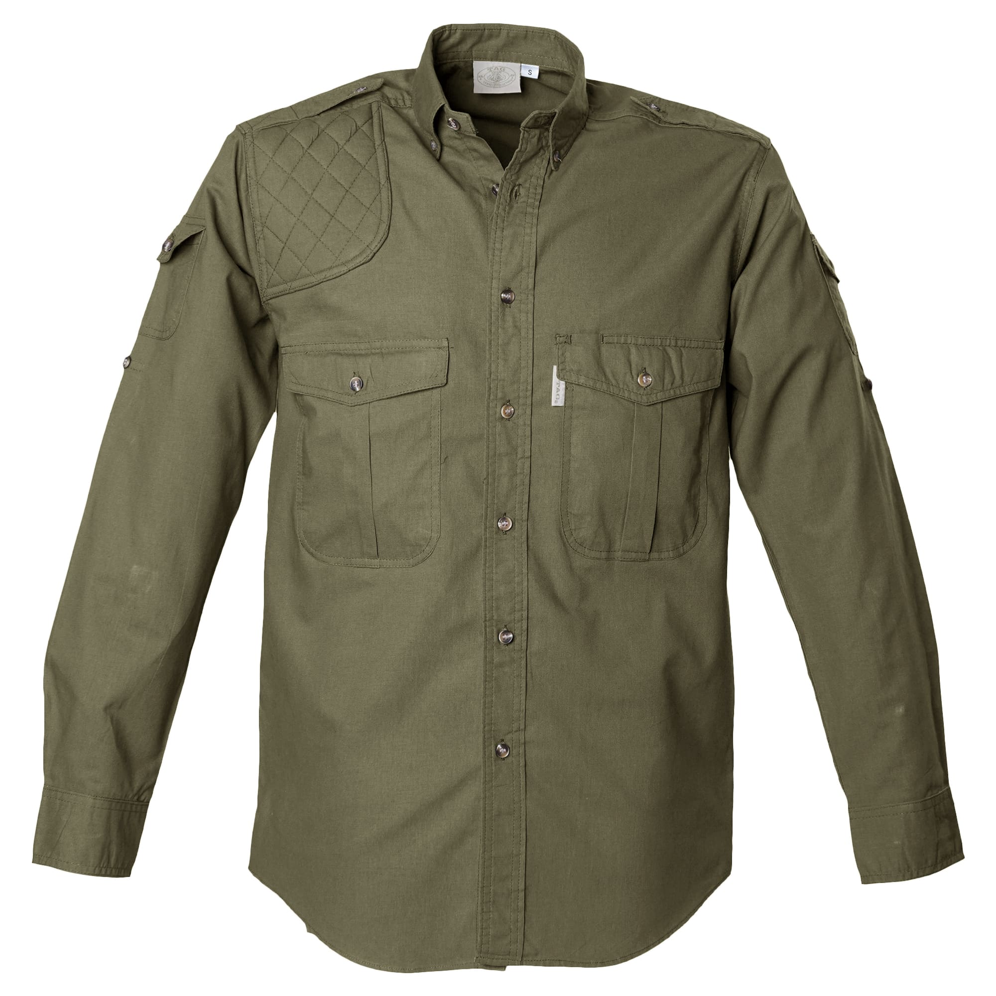Olive green shirt with quilted shoulder design on a white background