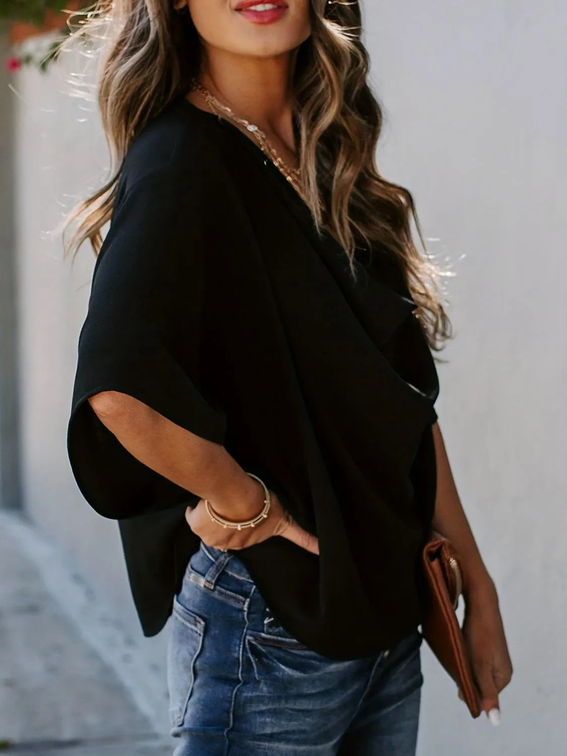 Full Size Ruched Three-Quarter Sleeve Blouse