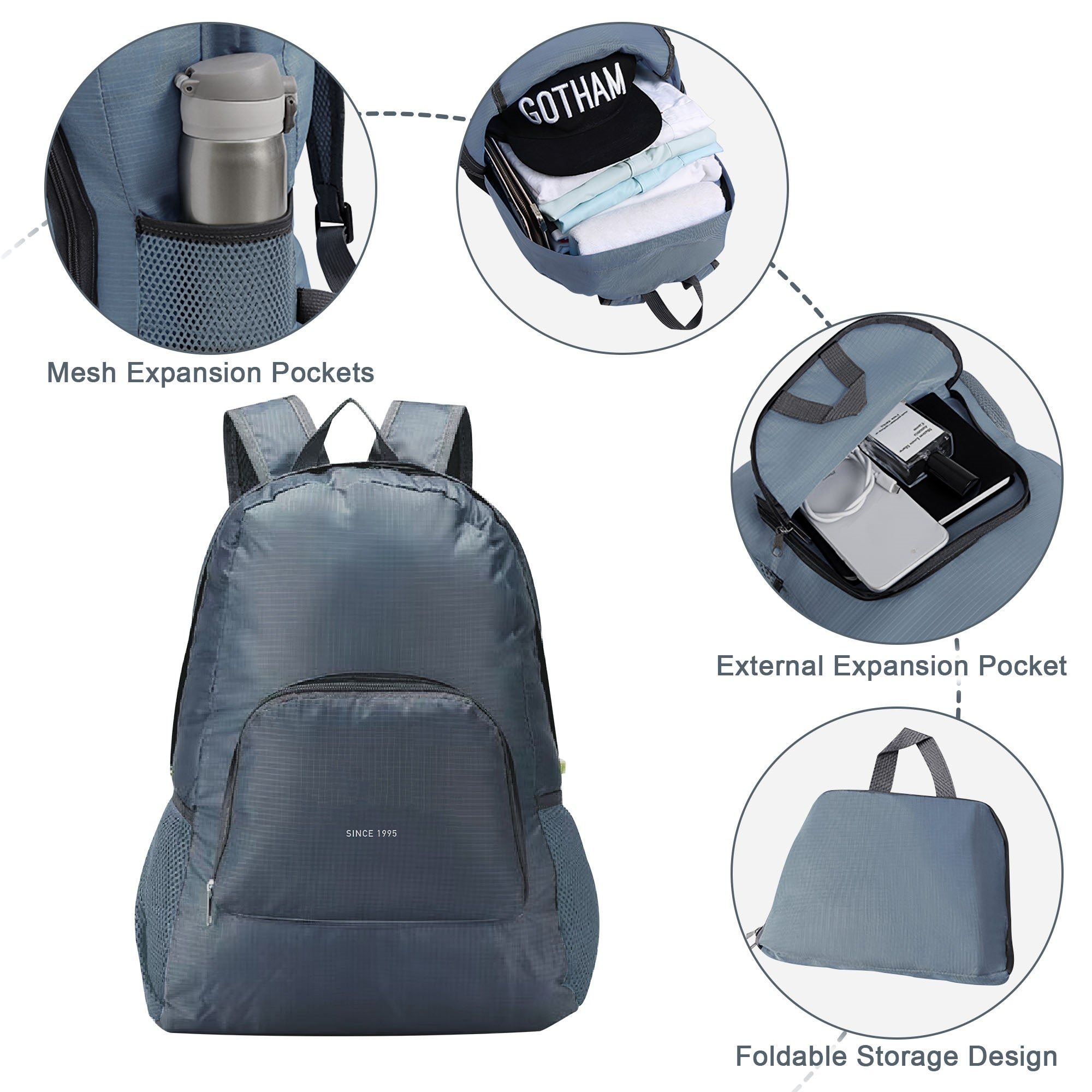 Gray Five Piece Luggage Set with Expandable Duffel Bag & Foldable Backpack