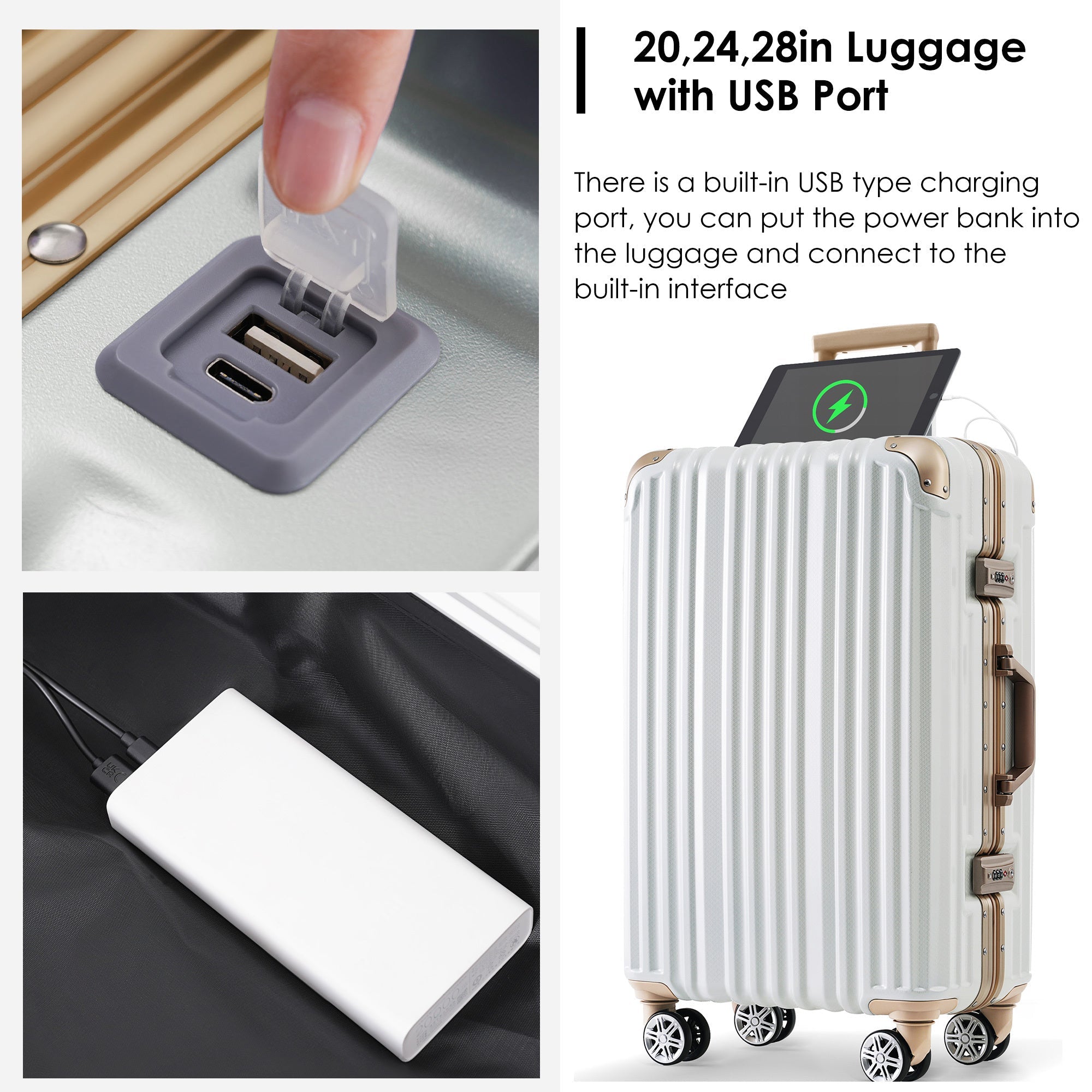 White Aluminum Frame Luggage with USB Port Carry-On Suitcase