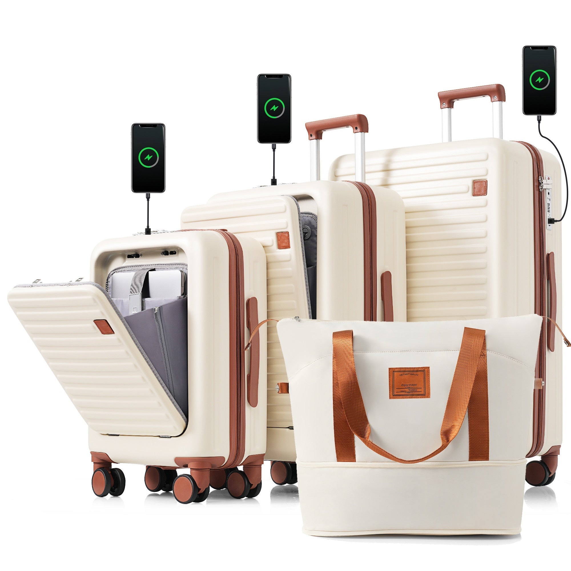 Off White Smart Luggage Set of Four with USB Port, 20, 24inch with Front Opening