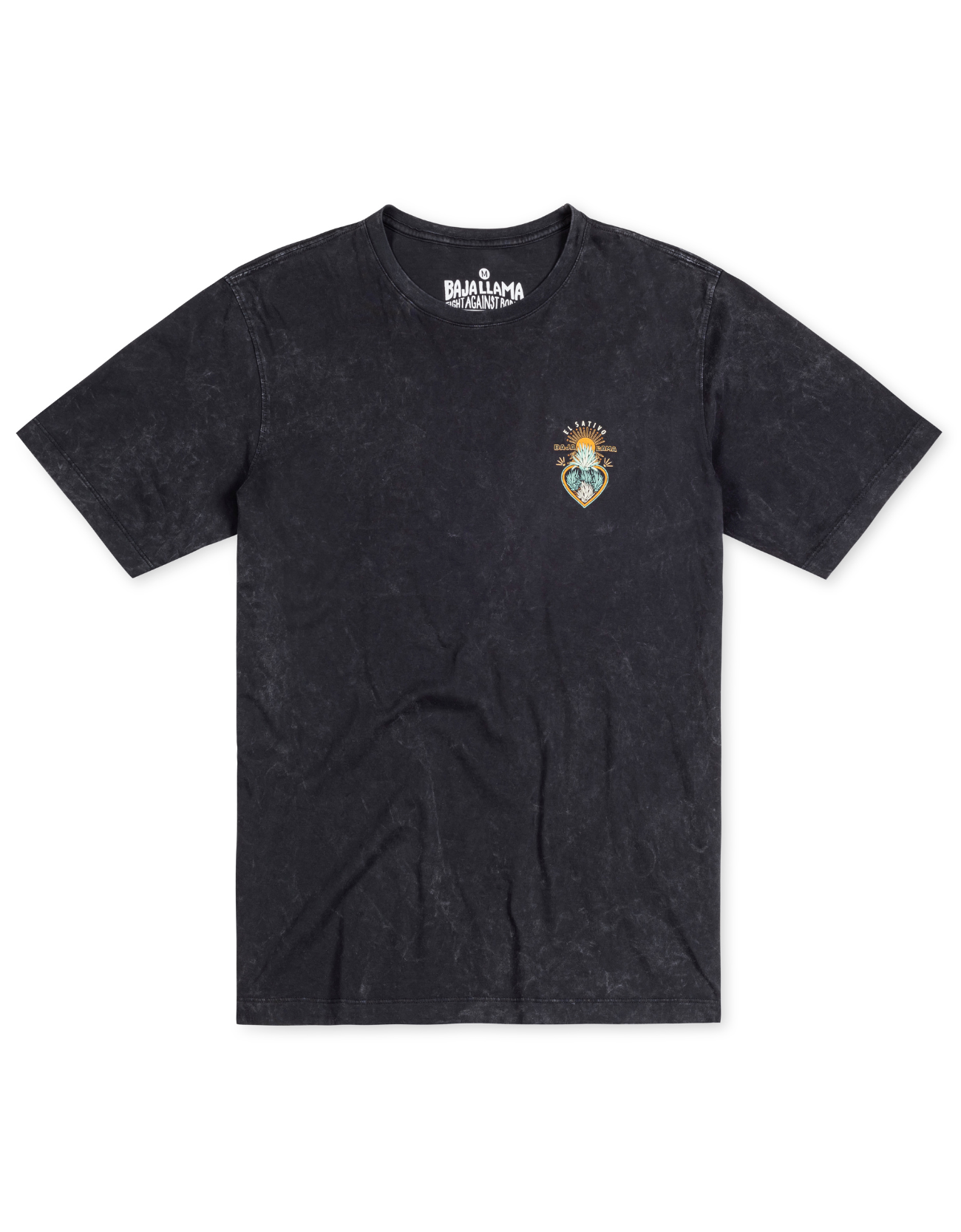 Black t-shirt with a logo on a white background