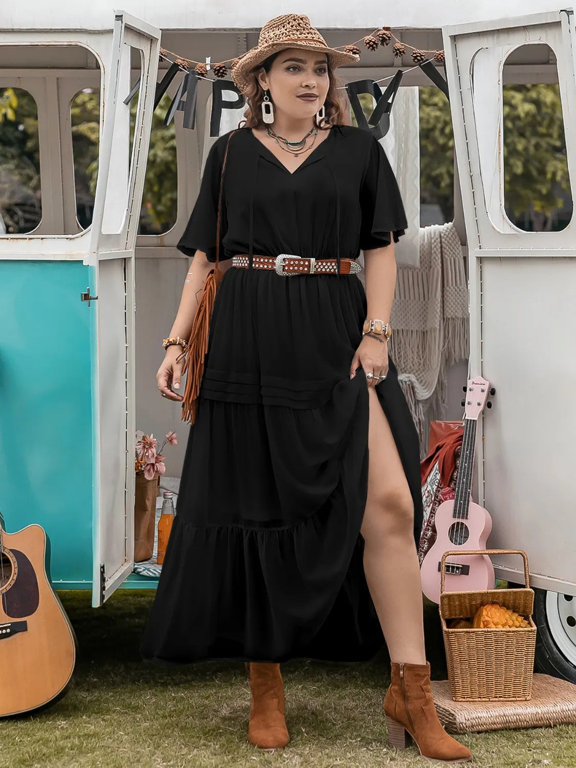 Plus Size Tie Neck Flutter Sleeve Dress
