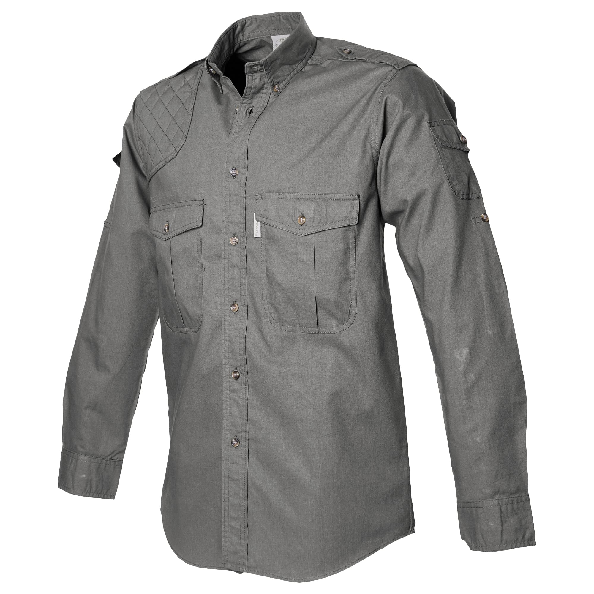 Gray tactical shirt with multiple pockets on a white background