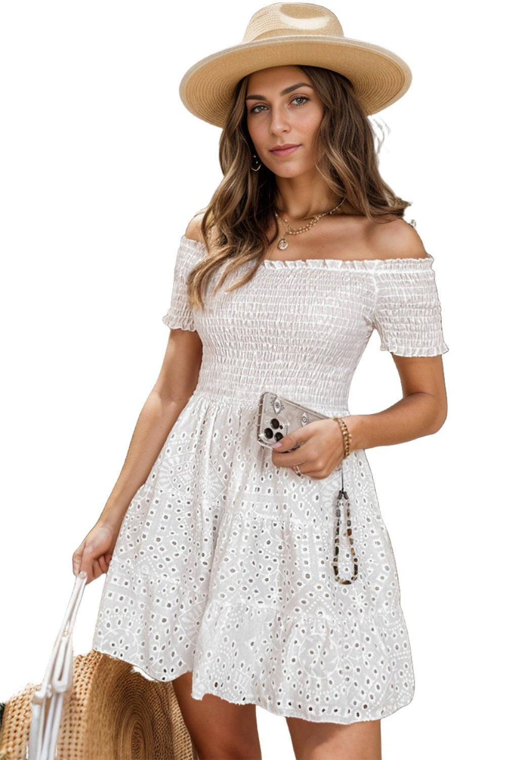 Smocked Off-Shoulder Short Sleeve Mini Dress